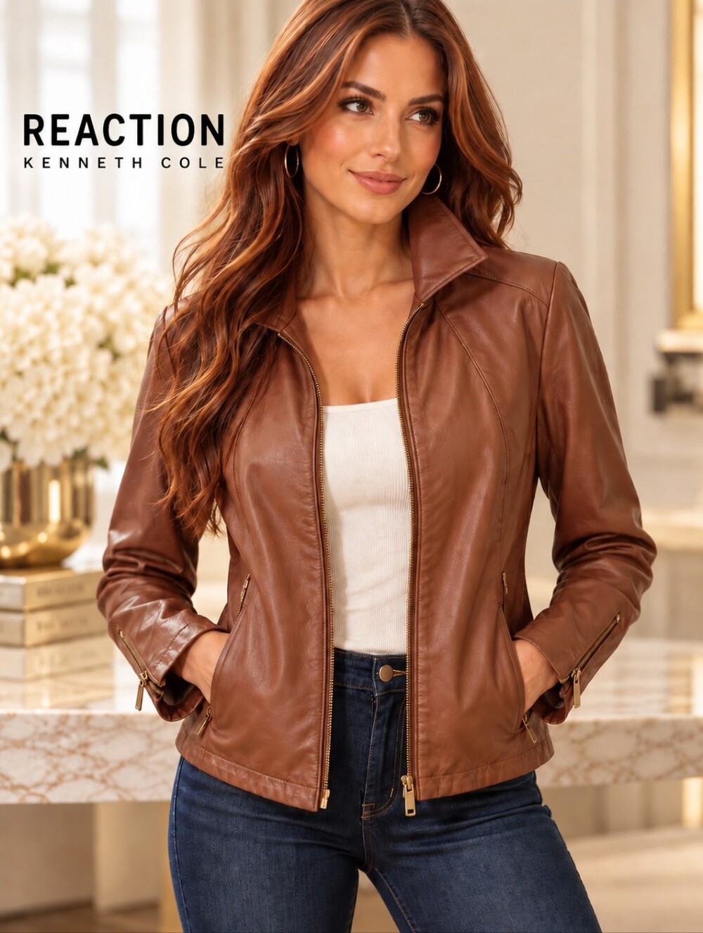 Reaction Kenneth Cole Women’s Brown Faux Leather Moto Jacket Large L